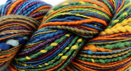 Multi colored yarn skein. Various textures. Vibrant hues twisted together. Craft material.の素材