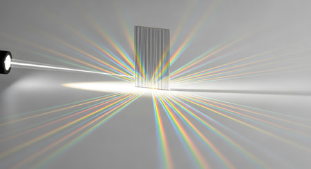Light source projecting beam through diffraction grating. Producing spectrum of colors. Light physics experiment education concept.の素材
