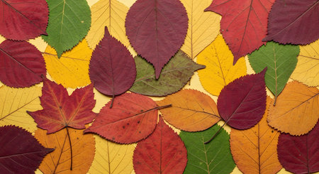 Colorful autumn leaves; Fall foliage background; Vibrant seasonal texture; Nature flat layの素材