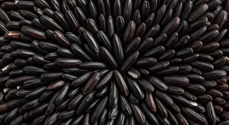 Black wild rice kernels; radial pattern texture; organic food ingredient backgroundの素材