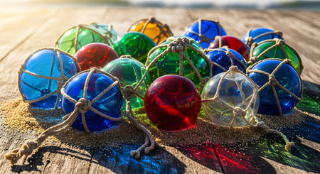 Colorful christmas baubles in the sand on wooden backgroundの素材