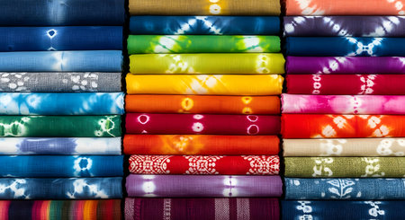 Colorful fabric for sale at a market in India. Close upの素材