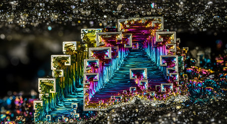 Vibrant bismuth crystal; iridescent colors; geometric stepped structure; unique mineralの素材