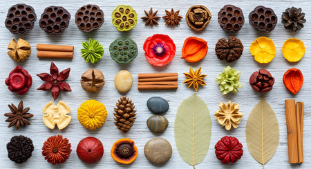 Autumn potpourri elements; dried flowers, leaves, seed pods, spices, and pebblesの素材