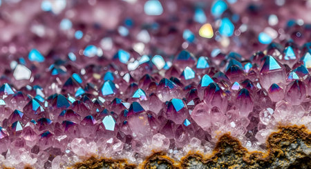 Druzy amethyst geode crystals with blue hues. Mineral formation closeup.の素材