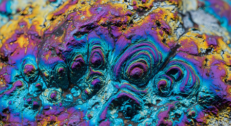 Colorful abstract bismuth. Iridescent metallic rock. Multicolored mineral. Vivid crystal texture.の素材