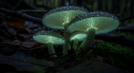 Bioluminescent glowing mushrooms on forest floor with water droplets. Dark background.の素材