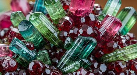 Colorful tourmaline; garnet crystals; natural forms; vibrant gemstones; mineral displayの素材