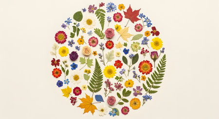 Dried pressed flowers and leaves arranged in circular pattern. Botanical collection.の素材