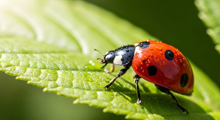 Red ladybug with dew drops; green leaf; bright natural daylight; insect lifeの素材