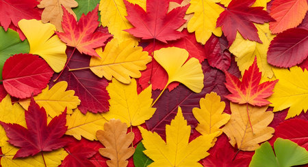 Colorful autumn leaves; bright red, orange, and yellow foliage creating a vibrant backgroundの素材