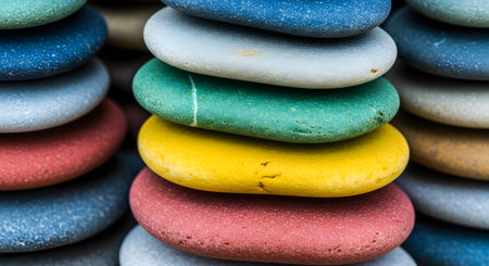 Stacked colorful stones. Polished pebble tower. Harmonious balance. Natural background.の素材