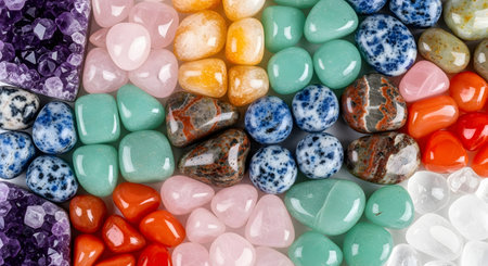 Vibrant collection of polished gemstones; array of diverse crystal shapes and colorsの素材