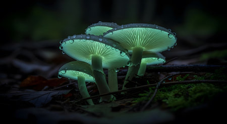 Bioluminescent mushrooms. Glowing fungus. Dark forest. Night environment. Mystical scene.の素材