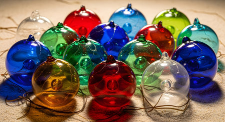 Hand blown glass ornaments. Vibrant decorative balls. Artisanal glass art. Colorful glass decor.の素材