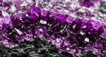 Amethyst crystal geode formation. Violet quartz gemstone. Mineral specimen.の素材