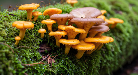 Chanterelle mushrooms. Mossy log. Wild fungus. Natural forest environment. Woodland growth.の素材