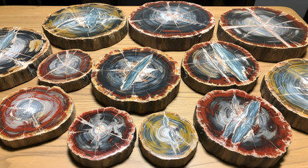 Polished petrified wood slices; ancient wood fossils revealing vibrant growth ringsの素材