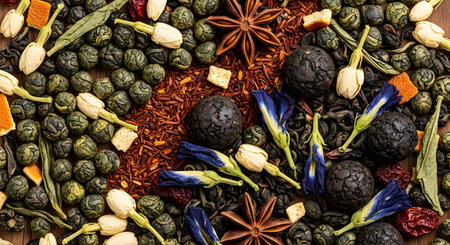 Loose leaf tea mix spices and dry flowers flat lay top view natural ingredientsの素材