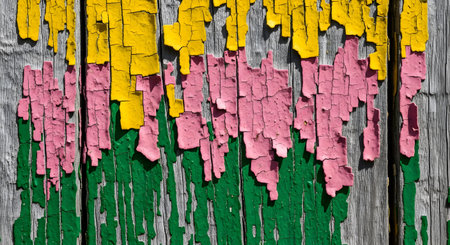 Old peeling paint; wooden wall; vibrant colors faded; weathered surface background; abstract distressed woodの素材