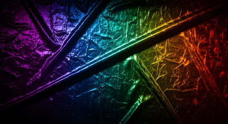 Vibrant rainbow gradient; metallic crumpled fabric; bright light reflections; textured surface backgroundの素材