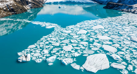 Glacial lake scattered icebergs; blue water; natural landscape; cold climate environment; aerial view frozen lakeの素材