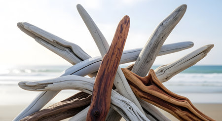 Stacked driftwood collection on a sunny beach. Weathered wood and natural coastal elements.の素材