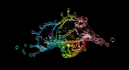 Vibrant colorful water splash. Dynamic motion frozen moment. Clear liquid art.の素材