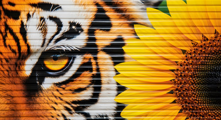 Tiger and sunflower mural art; vibrant colors; wild animal eye detail; bright floral pattern; textured wall designの素材