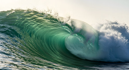 Powerful ocean wave; emerald green water; white foam spray; bright sky; dynamic nature sceneの素材