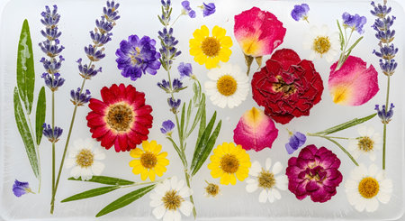 Assorted vibrant flowers; lavender frozen in ice block; colorful refreshing natural displayの素材