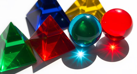 Colored glass prisms spheres; white background; light patterns; optical shapes; bright reflectionsの素材