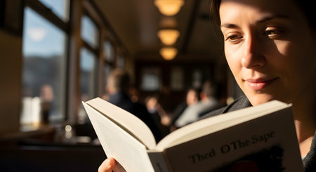 Woman peacefully reading book. Sunlit cafe interior. Quiet enjoyment of literature. Relaxed atmosphere.の素材