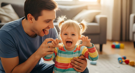 Happy father daughter playing home, cheerful family fun, joyful interactionの素材