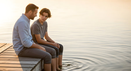 Father son on dock. Calm lake conversation. Deep talk at sunset.の素材
