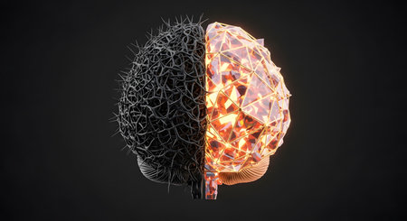 Brain illustration showing contrast between pain and potential, negative thoughts versus positive energyの素材