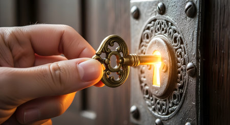 Unlocking solution, opportunity, secret, success, discovery with antique key.の素材