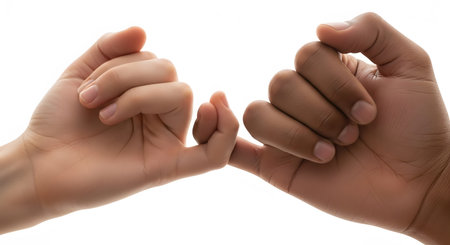 Diverse hands intertwined in pinky promise gesture representing trust, friendship, and commitmentの素材