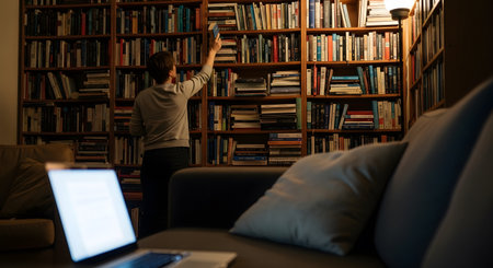 Person reaching for book on tall bookshelf. Well stocked home library. Warm interior. Cozy setting with laptop on sofa.の素材