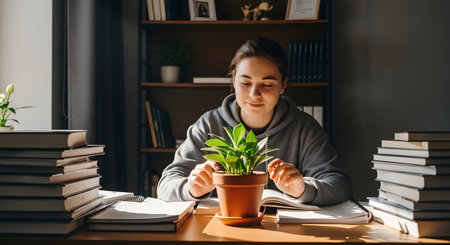 Young woman studies at desk surrounded by books cares for small potted plant promoting focusの素材