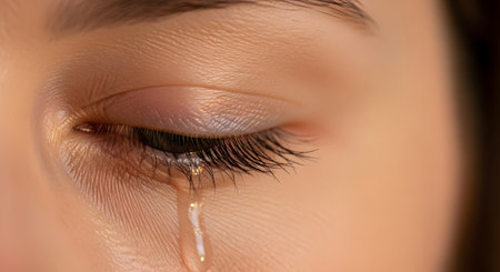 Close up human eye with tear falling. Emotional moment. Sadness. Grief. Strong feeling. Clear drop on skin.の素材