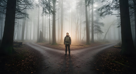 Person at forest path fork. Diverging roads, mist, choice, decision making.の素材