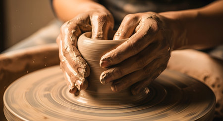 Potter hands shaping wet clay on wheel. Artistic ceramic pot, workshop setting.の素材