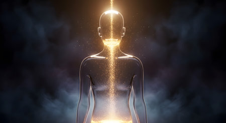 Transparent human body glowing energy, spiritual aura, inner light, meditationの素材