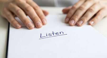 Hands over document. Listen word written. Active hearing communication focus.の素材