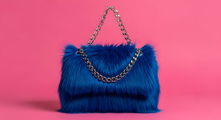 Vibrant blue faux fur handbag. Silver chain strap. Fluffy texture. Pink background. Fun accessory.の素材