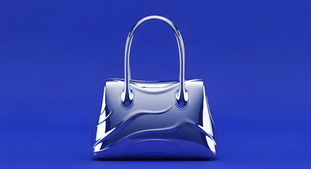 Polished silver handbag. Metallic fashion accessory. Minimalist design against solid blue.の素材