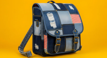 Denim patchwork backpack. Distressed fabric details. Checkered accents schoolbag. Trendy school accessory.の素材