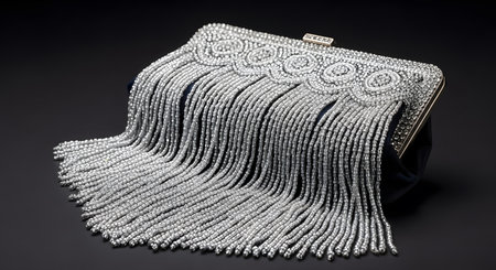Silver beaded fringe clutch. Elegant evening purse. Dazzling sequined design. Luxury fashion.の素材