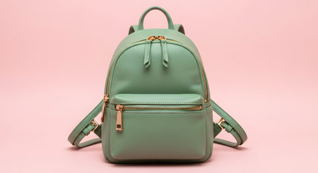 Elegant mint green mini backpack. Compact fashion accessory. Beautiful bag with golden zippers.の素材